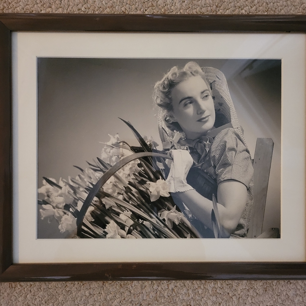 Vintage Framed Silver Gelatin Photograph of Woman with Flowers ~ MCM
